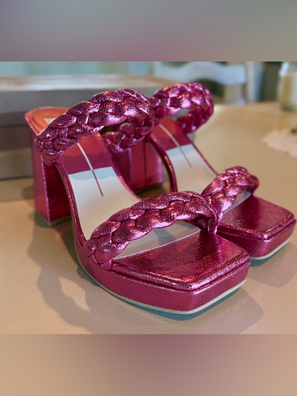 Anthro Dolce Vita Paily Heels Pink Metallic Braided Block Heel Size 7.5 - Picture 5 of 10